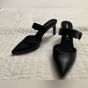 Anne Klein Akreeven Black Pointed Toe Mid Heel Strap Pump